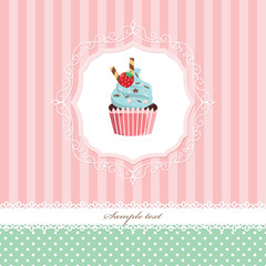 Vintage greeting card template with cupcake. For birthday, scrapbook, bakery design.