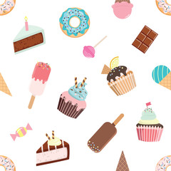 Birthday seamless pattern with sweets - ice cream, donuts, cupcakes, chocolate bar, candies.