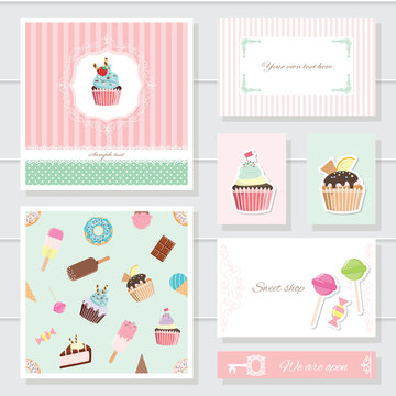 Cute card templates set. For sweet shop, bakery, scrapbook, birthday design.