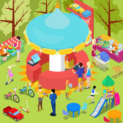 Isometric Children Toys Shop Interior with Toys and People. Vector illustration