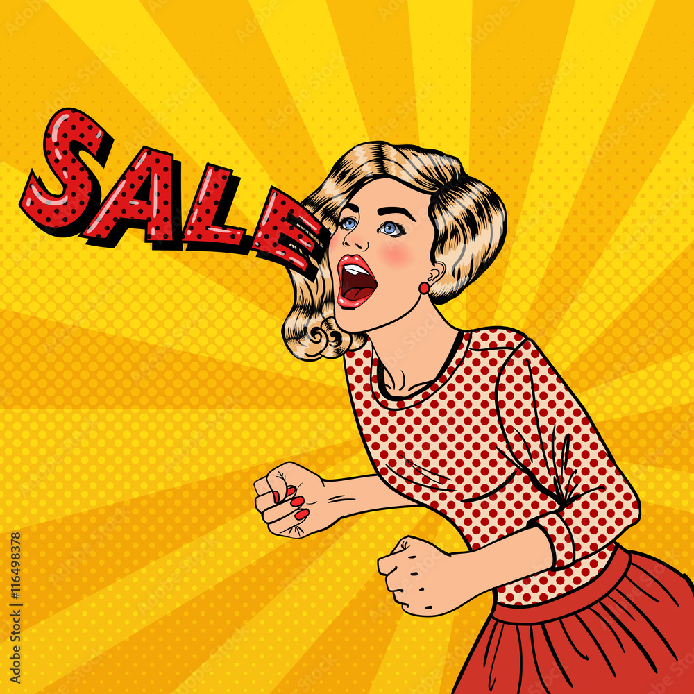 Wall mural happy young woman shouting sale. big sale poster. pop art vector illustration