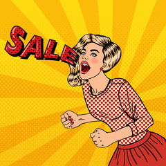 Happy Young Woman Shouting Sale. Big Sale Poster. Pop Art Vector illustration