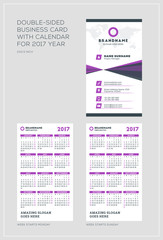 Double-sided vertical business card template with calendar for 2017 year. Week starts Monday. Week starts Sunday. Portrait orientation. Vector Illustration