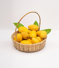 Fresh ripe chaunsa mangoes with green leaf and basket on white