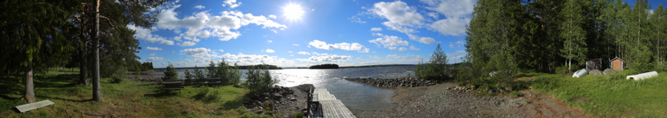 Fototapeta na wymiar Landing and bathing place panorama on the island Oehn on the Swedish lake Stroems Vattudal