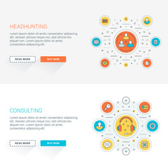 Set of flat line business website banner templates. Vector illustration. Modern thin line icons in circle. Web buttons with long shadow. Headhunting. Consulting