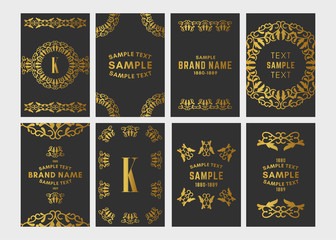Naklejka premium Set of Art Deco Logo Frame and Monogram, Golden on Black Background Vector Illustration.