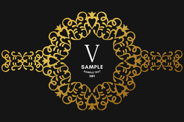 Round Luxurious Logo Frame, Golden on Black Background Vector Illustration.