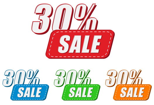 30 percentages sale, four colors labels, vector