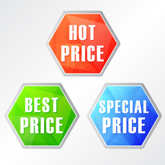 hot, best, special price, three colors hexagons labels, vector