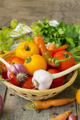 Tomatoes, herbs, garlic - set for home canning.