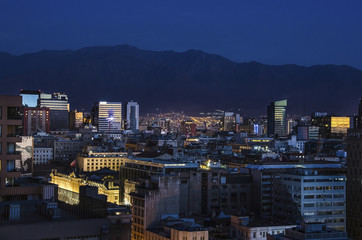 The skyline of Santiago de Chile by night.