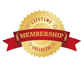 Membership seal with red curved banner. Exclusive and lifetime a