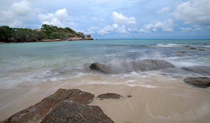 beautiful sea beach with fog wave
