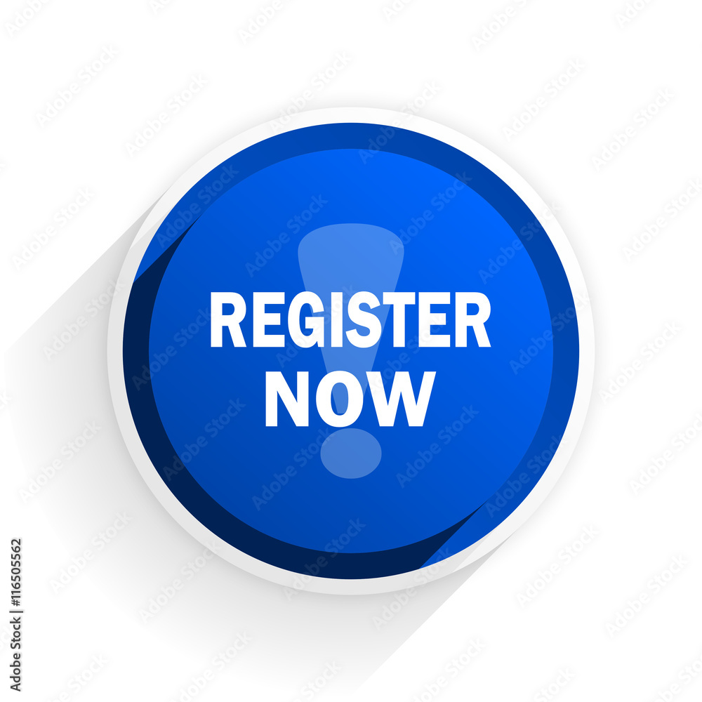 Poster register now flat icon with shadow on white background, blue modern design web element