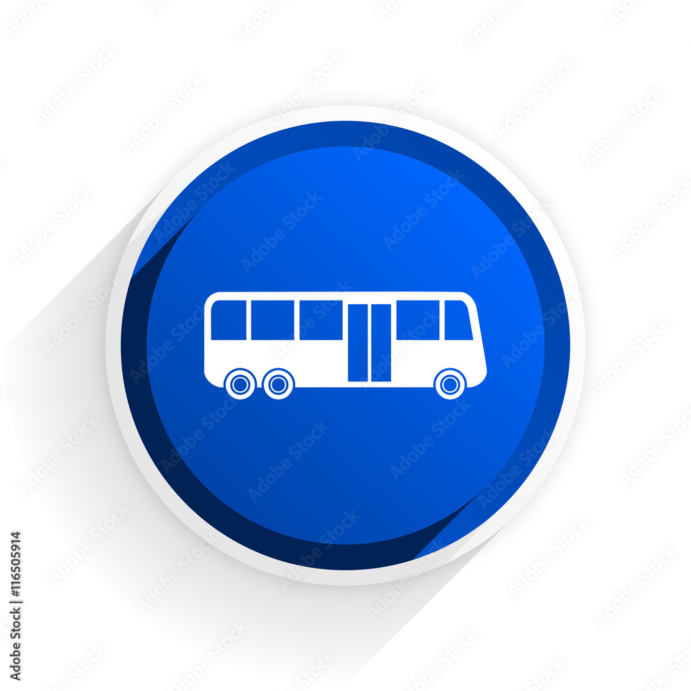 Poster bus flat icon with shadow on white background, blue modern design web element