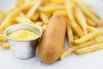 Corn Dog with Fries and Mustard