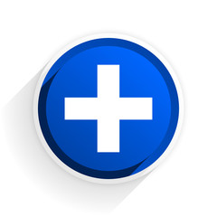 plus flat icon with shadow on white background, blue modern design web element