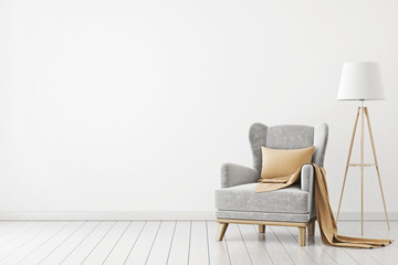 Neutral interior with velvet armchair on empty white wall background. 3D rendering. - obrazy, fototapety, plakaty