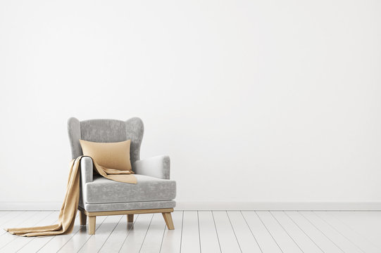 Neutral interior with velvet armchair on empty white wall background. 3D rendering.