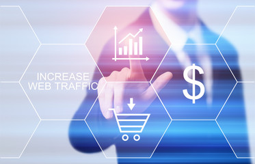 businessman pressing button on virtual screens