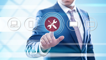businessman pressing button on virtual screens