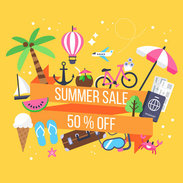 Summer sale banner design with icons for holiday vacation and to