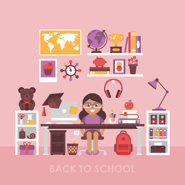 Back to school concept with workspace for girl. Child room inter