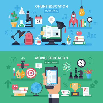 Online education and mobile e-learnig concept with flat icons an