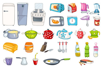 Set of household appliances and kitchenware.