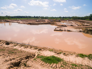 Aerial view of excavator and truck working