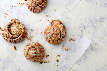 cinnamon with caramel icing, food