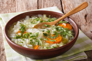 Healthy vegetable soup close up on the table. horizontal
