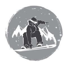 Snowboard extreme. Snowboarder jumping poses on the mountains background. Snowboarder tricks.