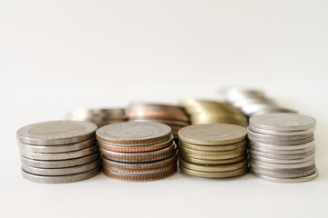 Baht Thai Coins / Baht Thai Coins Stacked Isolated On White Background.