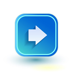 Blue web button with arrow right sign. Rounded square shape icon with shadow on white background.