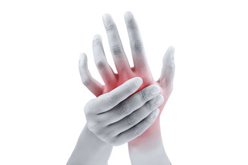 Woman massaging her painful hand on white background