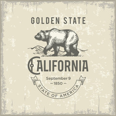 Калифорния, стилизованная эмблема штата Америки, медведь, винтаж, иллюстрация, вектор