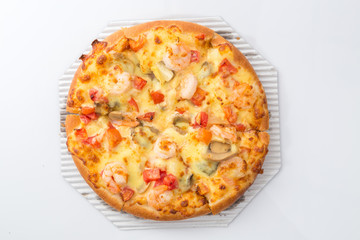 Hot piece of pizza with melted cheese