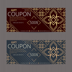 Gift voucher with elegant design. Gift card template. Coupon discount set. Voucher vector design. Coupon template with oriental design. Eastern ornament vouchers.
