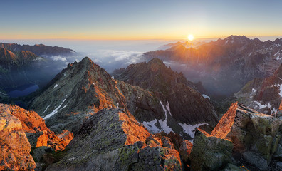 Mountain sunset panorama landscape in Tatras, Rysy, Slovakia - obrazy, fototapety, plakaty