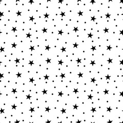 Star and polka dots seamless pattern. Black and white retro print background. Chaotic elements Abstract texture. Effect of sky. Design template wallpaper, wrapping, fabric, textile Vector Illustration