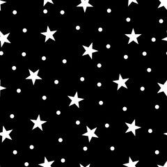 Star and polka dots seamless pattern. Black and white retro print background. Chaotic elements Abstract texture. Effect of sky. Design template wallpaper, wrapping, fabric, textile Vector Illustration