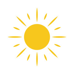 Sun icon. Light sign with sunbeams. Yellow design element, isolated on white background. Symbol of sunrise, heat, sunny and sunset, sunlight. Flat modern style for weather forecast Vector Illustration