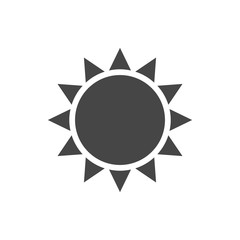 Sun icon. Light sign with sunbeams. Black design element, isolated on white background. Symbol of sunrise, heat, sunny and sunset, sunlight. Flat modern style for weather forecast. Vector Illustration