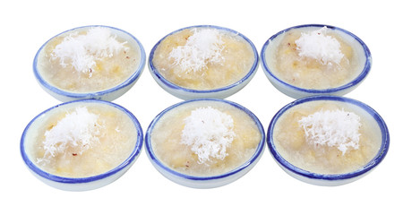 Row cup steamed banana cake in cup on white background.