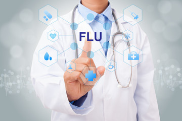 Fototapeta na wymiar Doctor hand touching FLU sign on virtual screen. medical concept