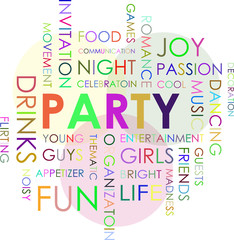 Надпись вечеринка. Ассоциации к слову вечеринка. Цветные слова и буквы.