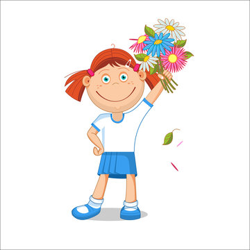Girl schoolgirl with a bouquet in hand. Vector illustration isolated on white background