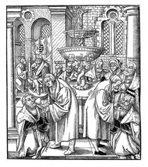 XVI century, woodcut "Luther and Hus sharing the Sacrament"